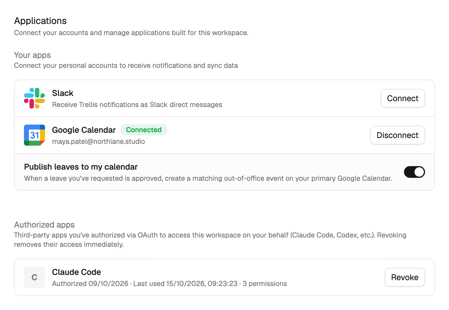 The Applications settings page, with personal connections listed under Your apps.