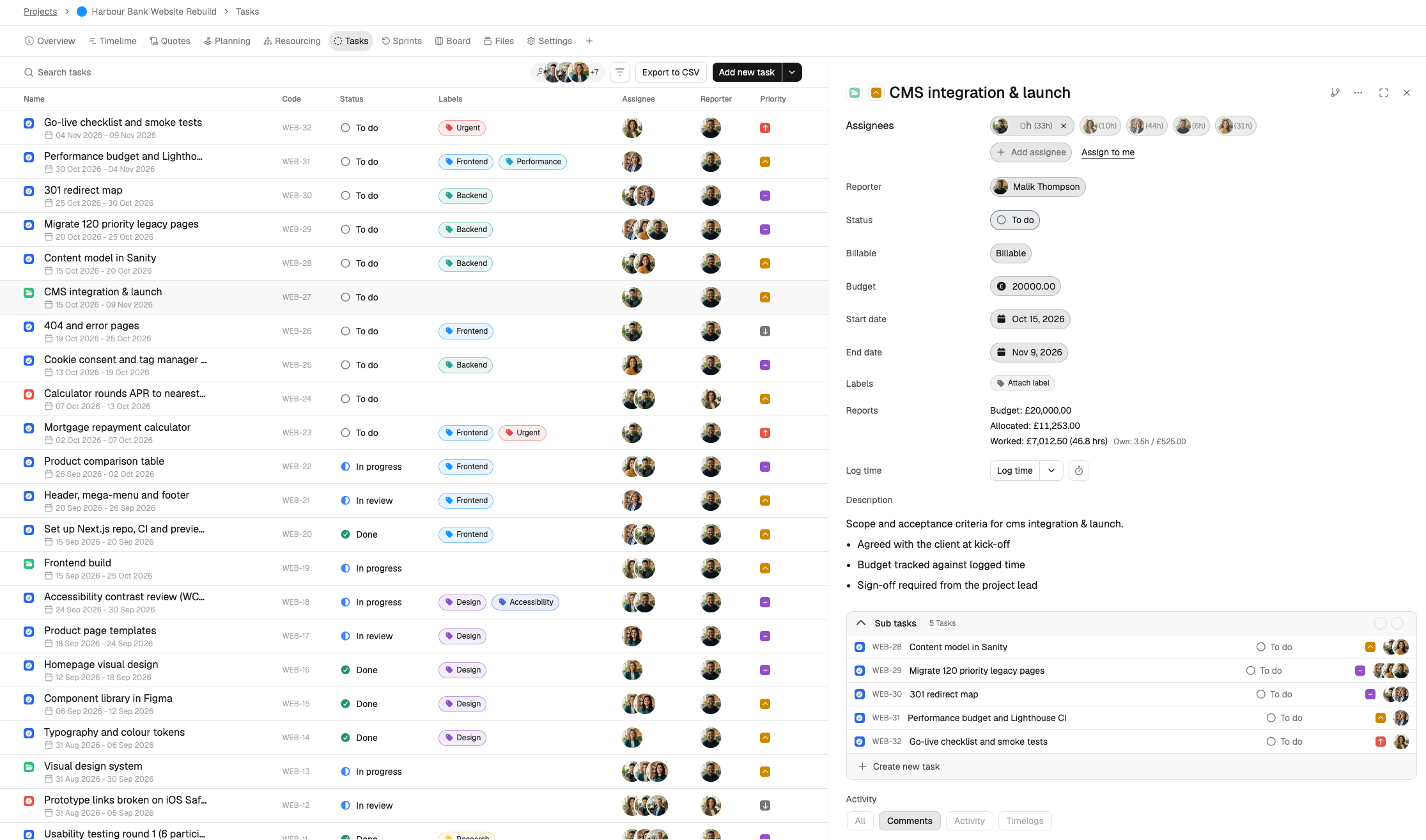 Deliverables broken down into tasks and sub-tasks.