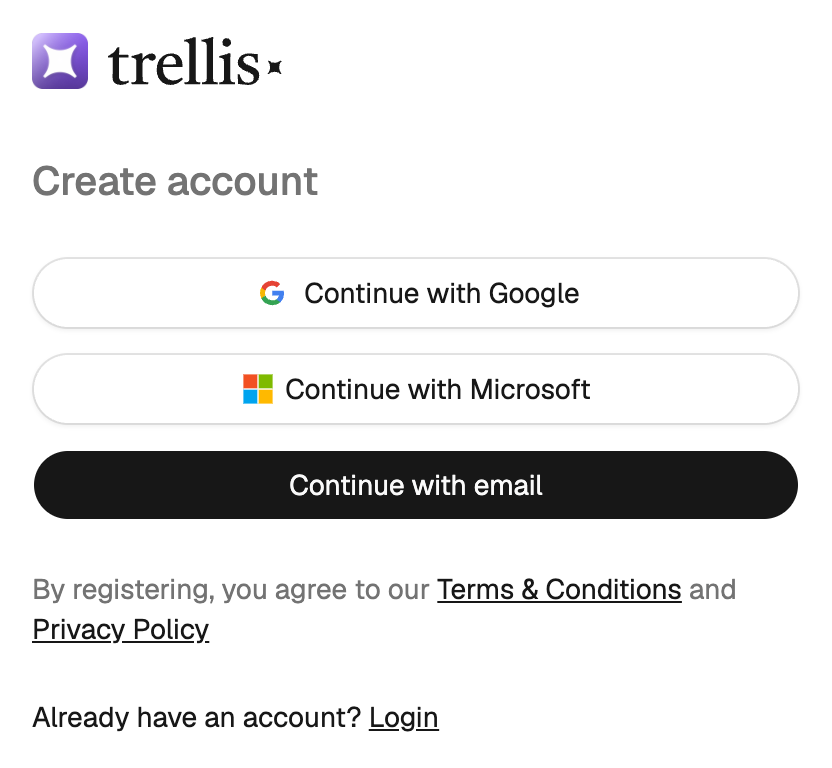 Sign-up screen with email, Google, and Microsoft options.