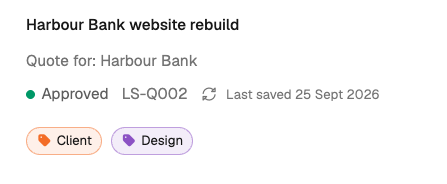 Quote header showing the document badge under Quote for and the Approved by badge naming the approver.