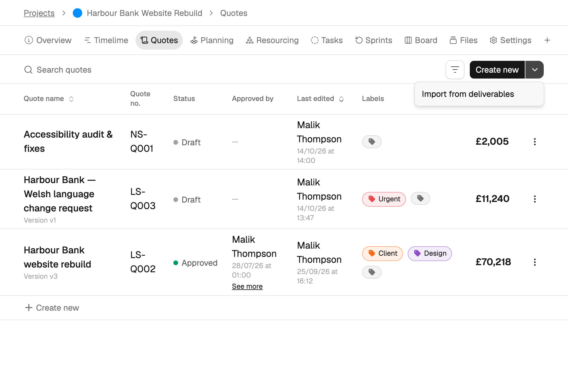 The quotes list header with the Create new dropdown open, showing Import from deliverables.
