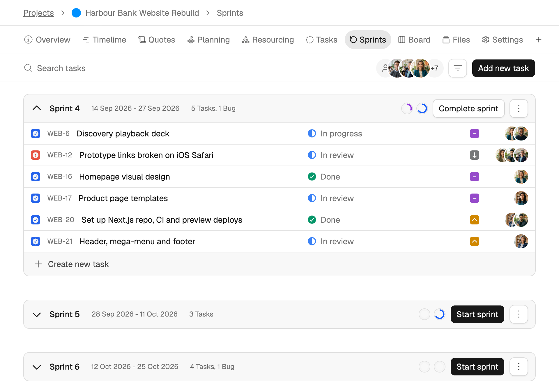 Overview of the Sprints page with backlog and active sprints.