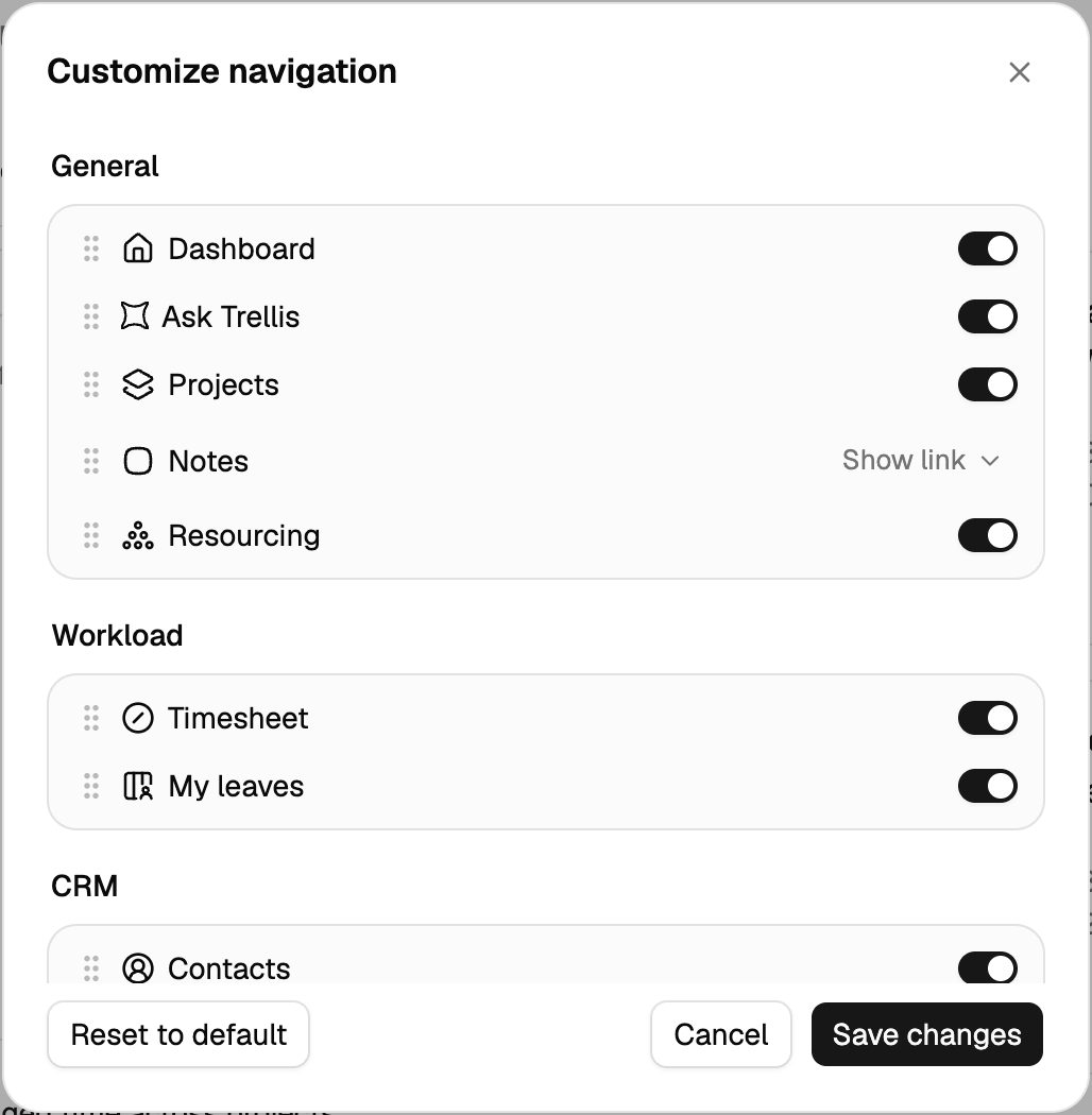 Customize sidebar dialog with toggles, drag handles, and Show widget options.