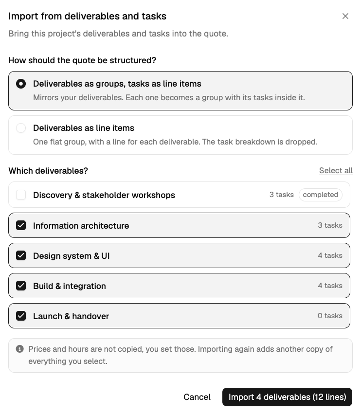 The deliverable picker open on a draft quote, showing both shape options and a list of deliverables with their task counts.