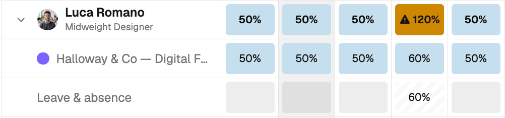 An over-capacity cell in the grid showing a warning triangle beside its percentage.